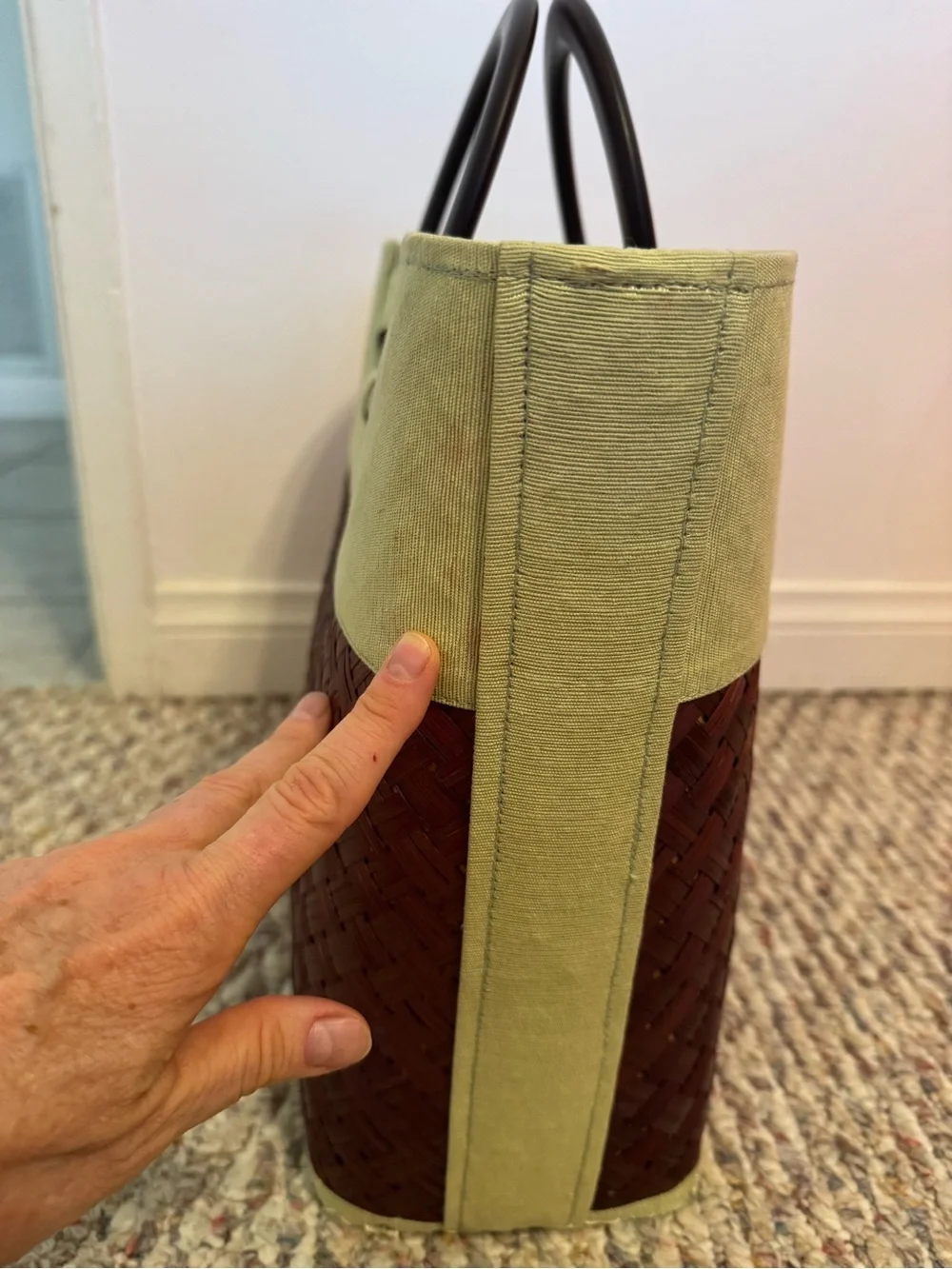 Vintage TICO artisanal woven fiber summer tote.  Green & brown. EUC.